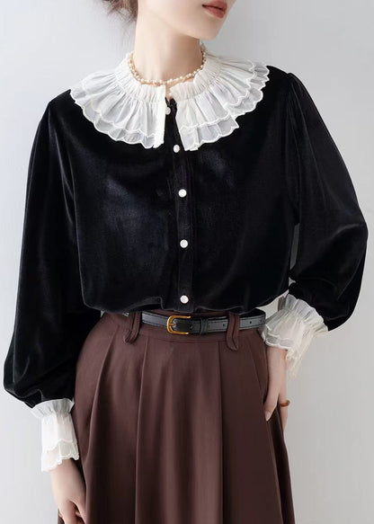 Art Black Ruffled Patchwork Silk Velour Blouse Tops Spring