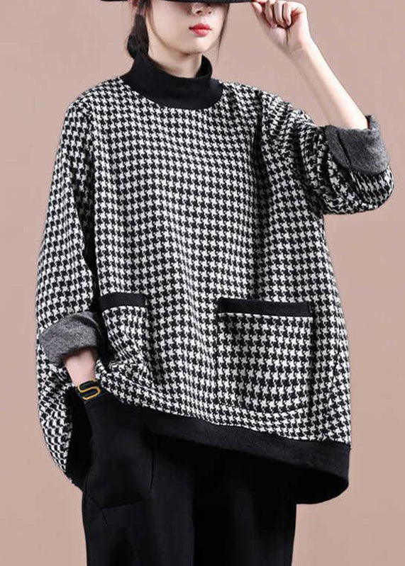 White Plaid Turtleneck Pockets Patchwork Top Long Sleeve
