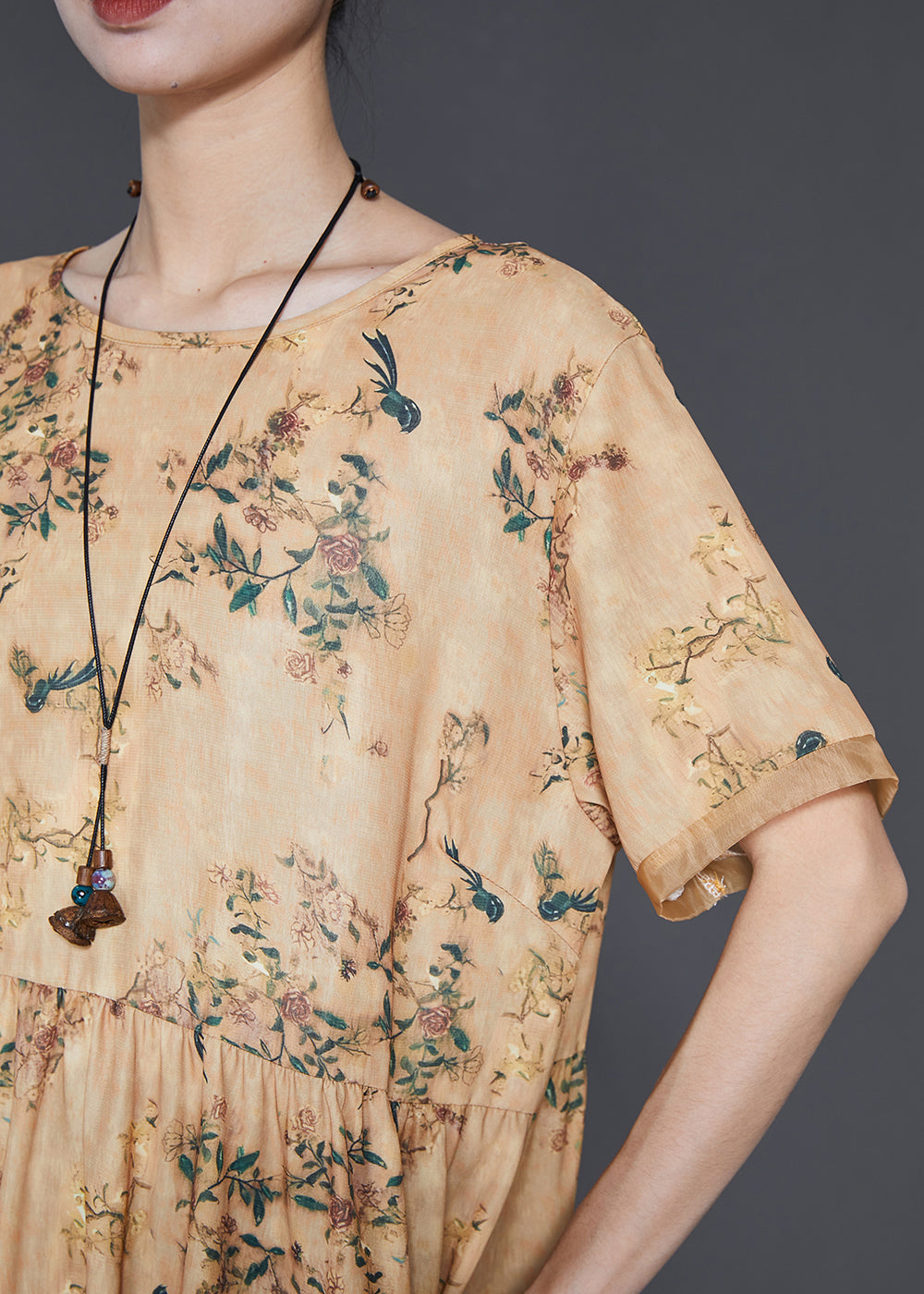 Yellow Print Exra Large Hem Silk Dresses Summer