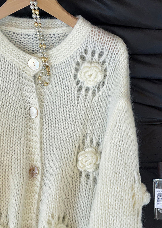 White Hollow Out Decorated Knit Cardigans Fall