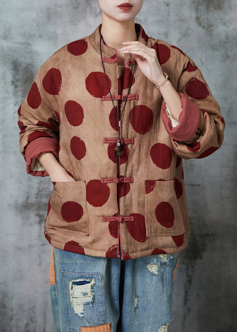 Orange Print Chinese Button Fine Cotton Filled Coat Winter