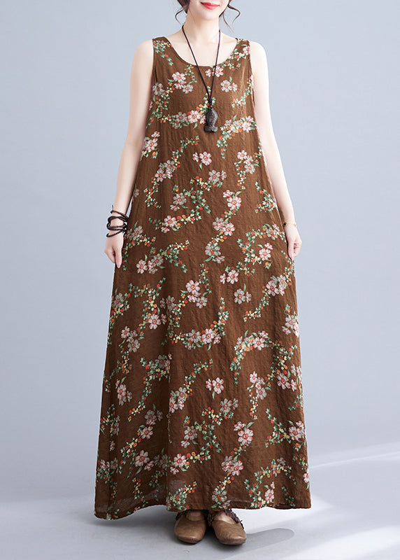 Coffee O-neck Print Linen Beach Dresses Sleeveless