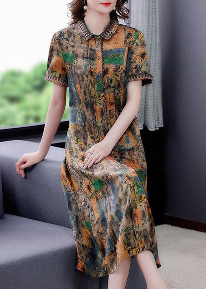 Yellow Peter Pan Collar Print Silk Dresses Summer