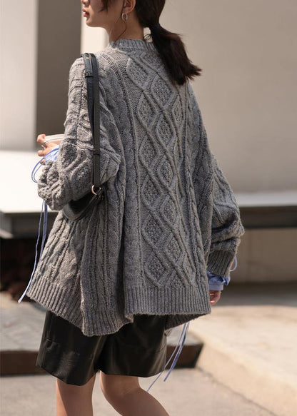 Gray Knitted Blouse O Neck Patchwork Clothes for