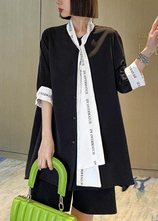 Black Patchwork Print Chiffon Button Blouse Tops