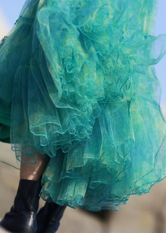 Green Ruffled Elastic Waist Tulle Skirt Spring