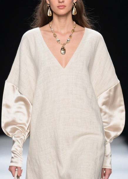 Boutique V Neck Silk Patchwork Mini Dresses Batwing Sleeve