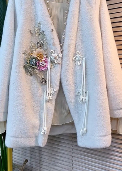 Stylish White V Neck Tasseled Decorated Faux Fur Jacket Winter