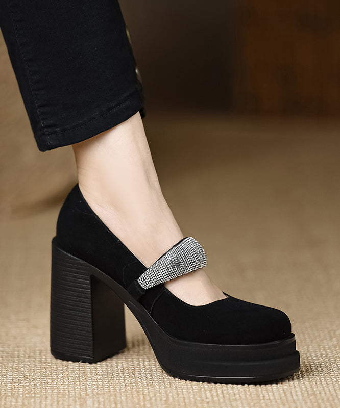 European and American Style Suede High Heels Splicing Zircon Buckle Strap