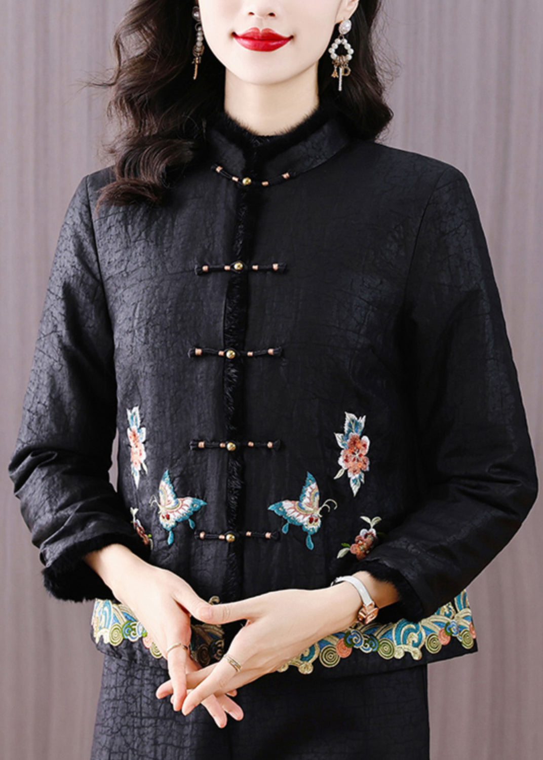 Handmade Black Embroideried Fine Cotton Filled Jacket Winter