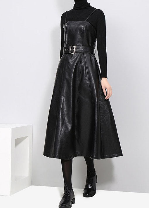 Slim Fit Tie Waist Black Faux Leather Spaghetti Strap Dresses Spring