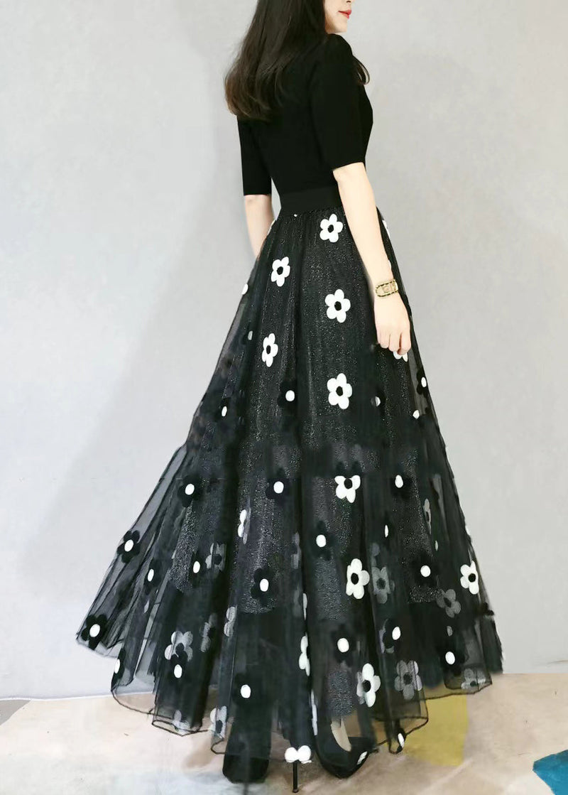 Black Embroidered Elastic Waist Tulle Skirt Spring