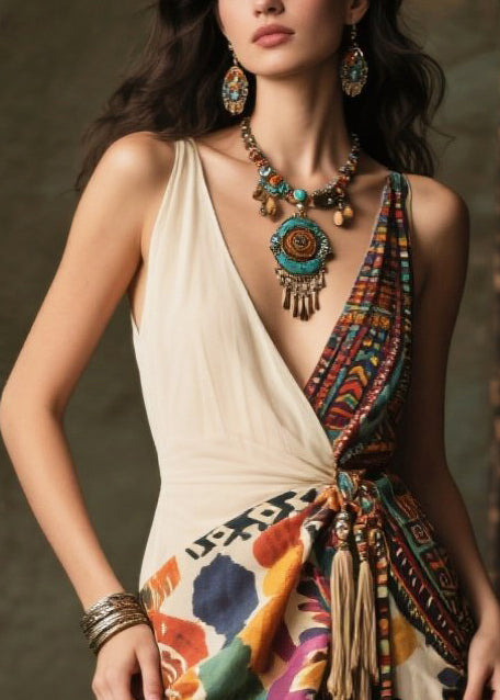 Colorblock Tasseled Print Chiffon Cami Dresses Summer
