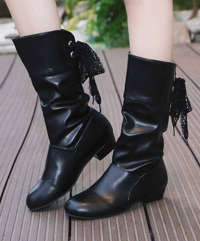 European and American Style White Chunky Lace Up Splicing Boots