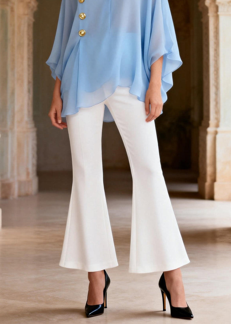 Style Blue V Neck Top and White Pants Silk Sets 2 Pieces Summer