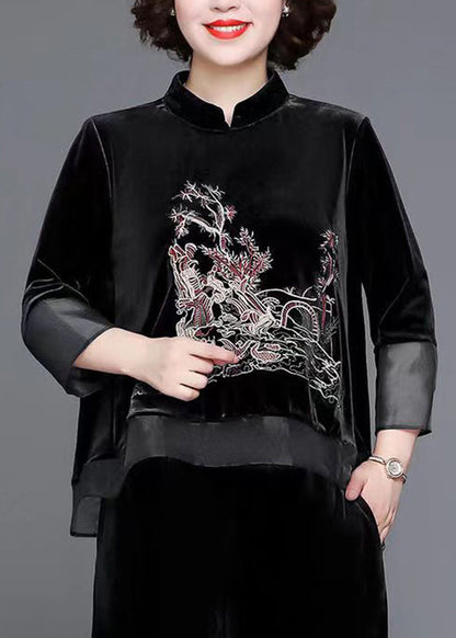 Black Stand Collar Patchwork Velour Two Pieces Set Fall