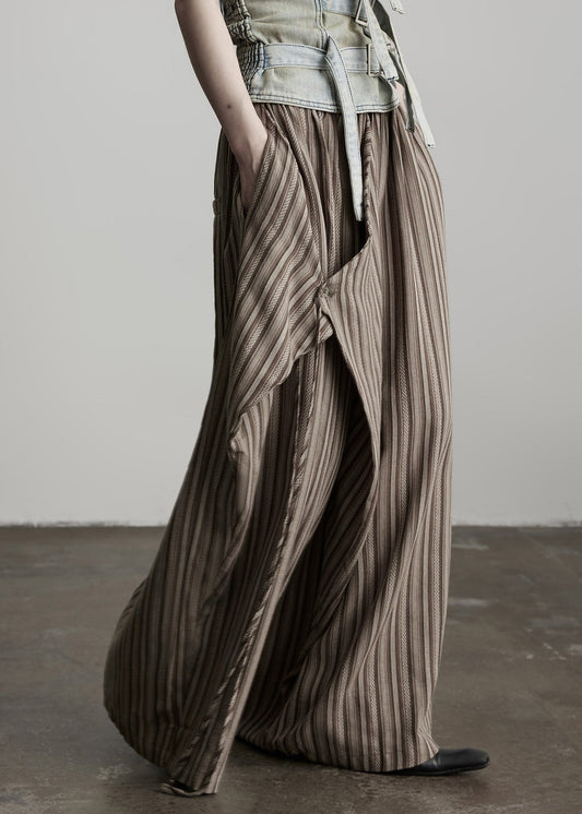 Coffee Pockets Striped False Two Pieces Cotton Pants Fall
