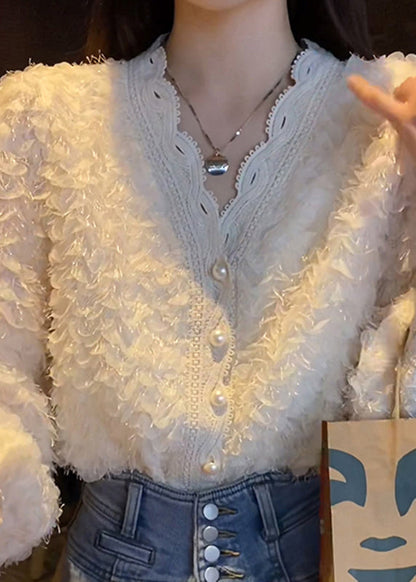 Diy Beige V Neck Pearl Button Fluffy Lace Patchwork Chiffon Shirts Long Sleeve