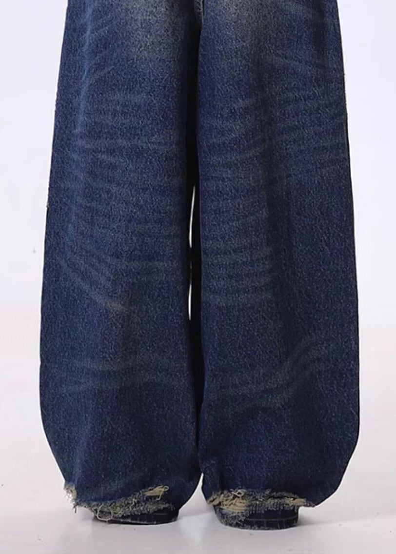 Navy Oversized Denim Ripped Jeans Pants Spring
