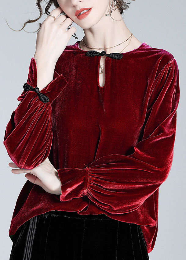 Natural Mulberry O-neck Button Velour Top Spring