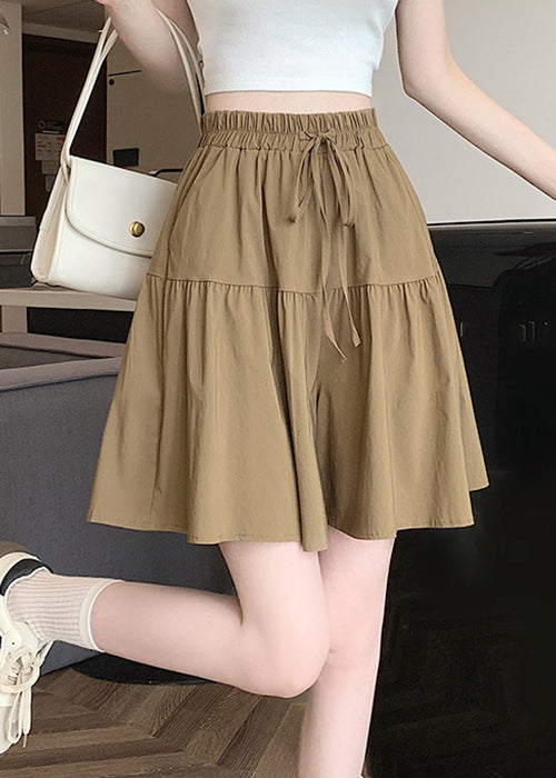 Khaki Pockets Elastic Waist Cotton Shorts Summer