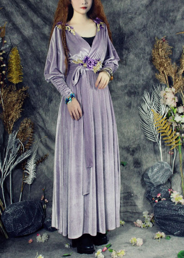 Purple V Neck Applique Tie Waist Silk Velour Maxi Dresses Spring
