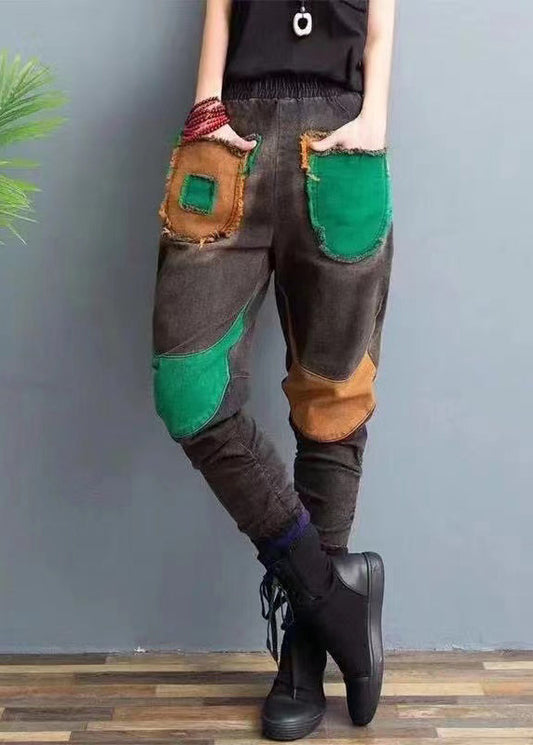 New Elastic Waist Patchwork Warm Fleece Denim Pants Spring