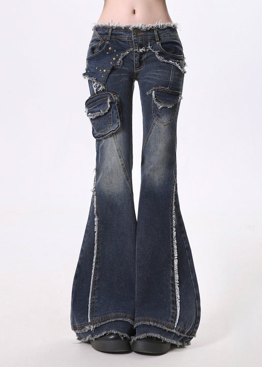 Navy Tasseled Patchwork Pockets Denim Flare Bottoms Pants Spring