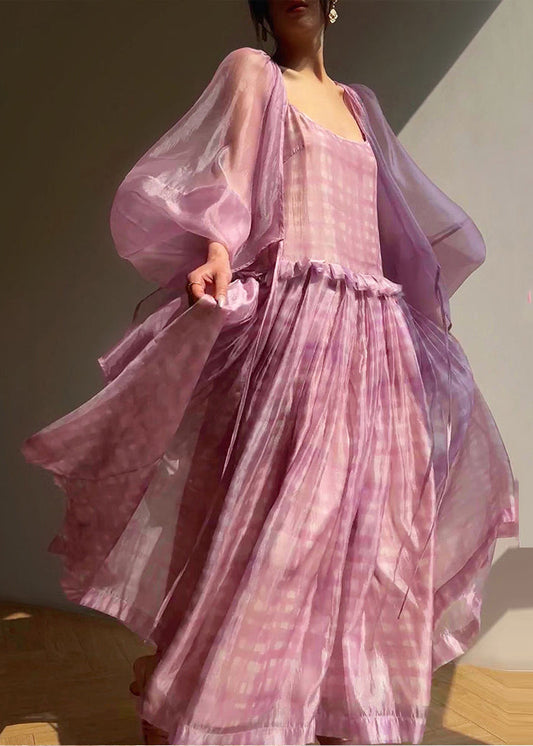 Stylish Purple Ruffled Silk Dress Two Pieces Set Spring