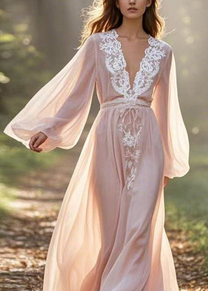 Boutique V Neck Lace Patchwork Chiffon Maxi Dresses Lantern Sleeve Summer