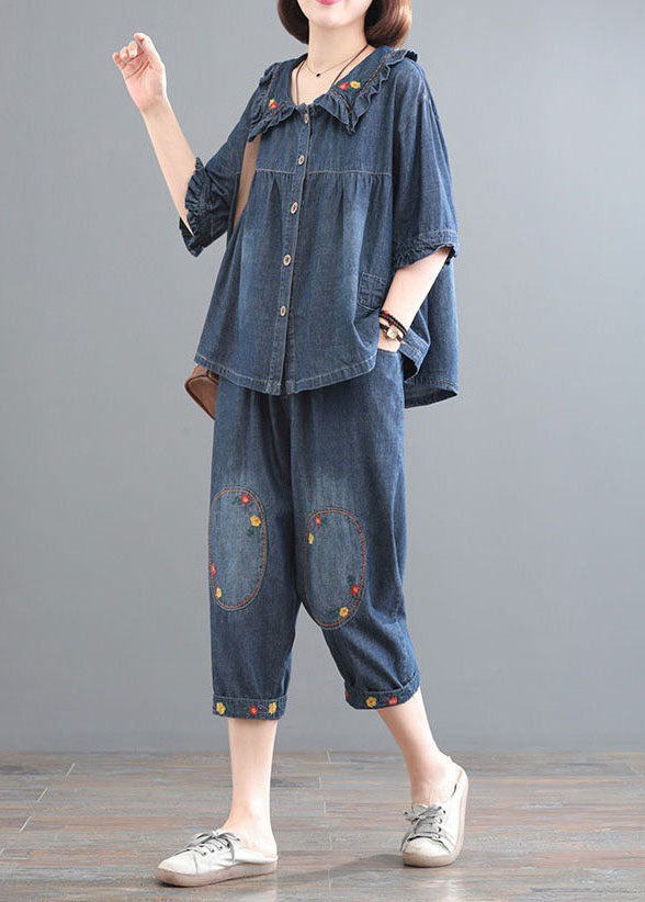 Classy Blue Wrinkled Embroideried Tops and Pants Denim Two Pieces Set Summer