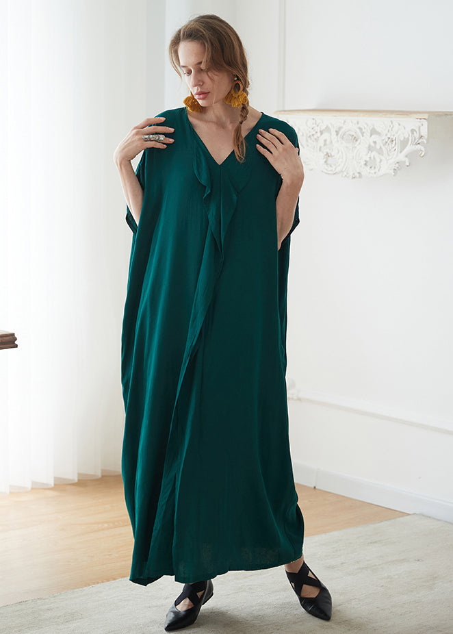 Blackish Green V Neck Pockets Patchwork Cotton Maxi Dress Summer