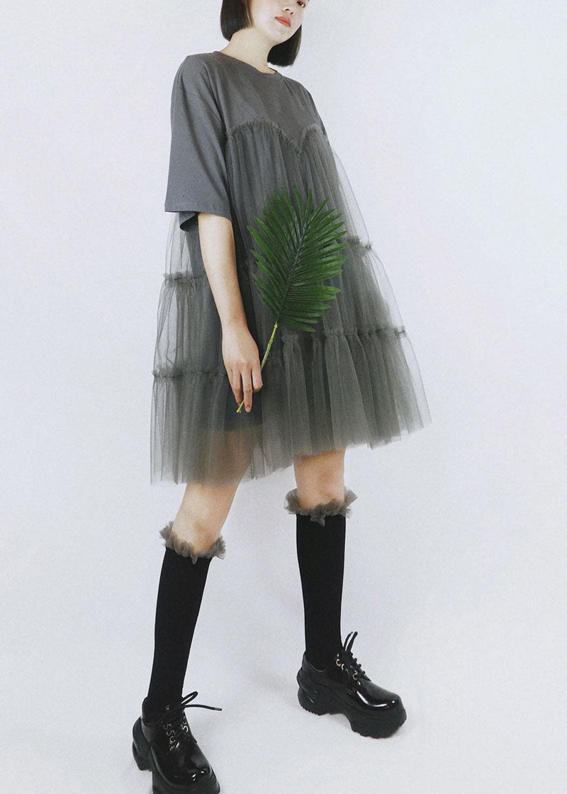 French Grey O-neck Tulle Patchwork Cotton Robe Dresses Short Sleeve