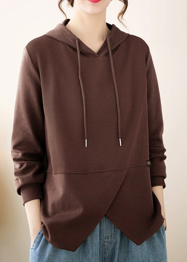Coffee Asymmetrical Ruffled Patchwork Cotton Hooded Top Fall