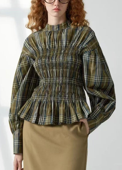 Art Green Plaid Wrinkled Cotton Shirt Spring