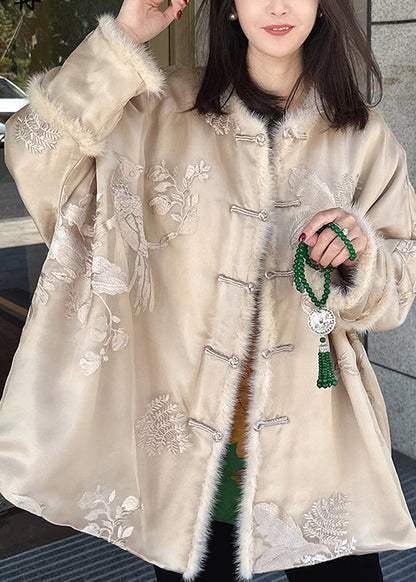 Beige Embroidered Mink Hair Patchwork Fine Cotton Filled Coat Winter