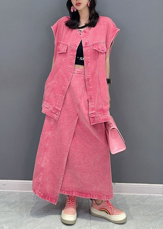 Pink Vest and Skirts Denim Two Piece Set Clothing Summer