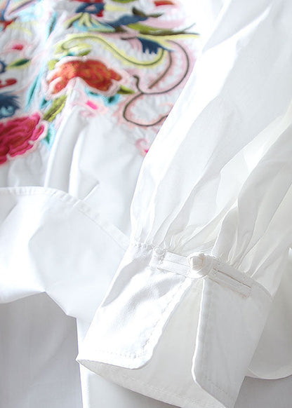 White Embroidered Chinese Button Cotton Blouse Top Spring