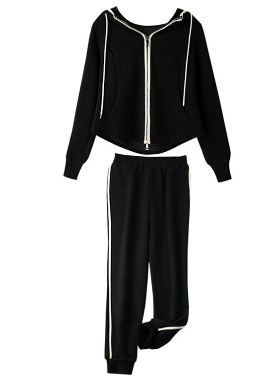 Natural Black Zippered Drawstring Patchwork Hooded Coats and Pants Two Pieces Set Long Sleeve