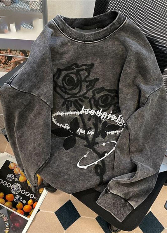 Dark Grey O-neck Rose Print Warm Fleece Pullover Long Sleeve