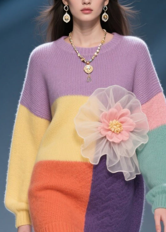 Stylish Colorblock O Neck Knit Sweater Dress Fall