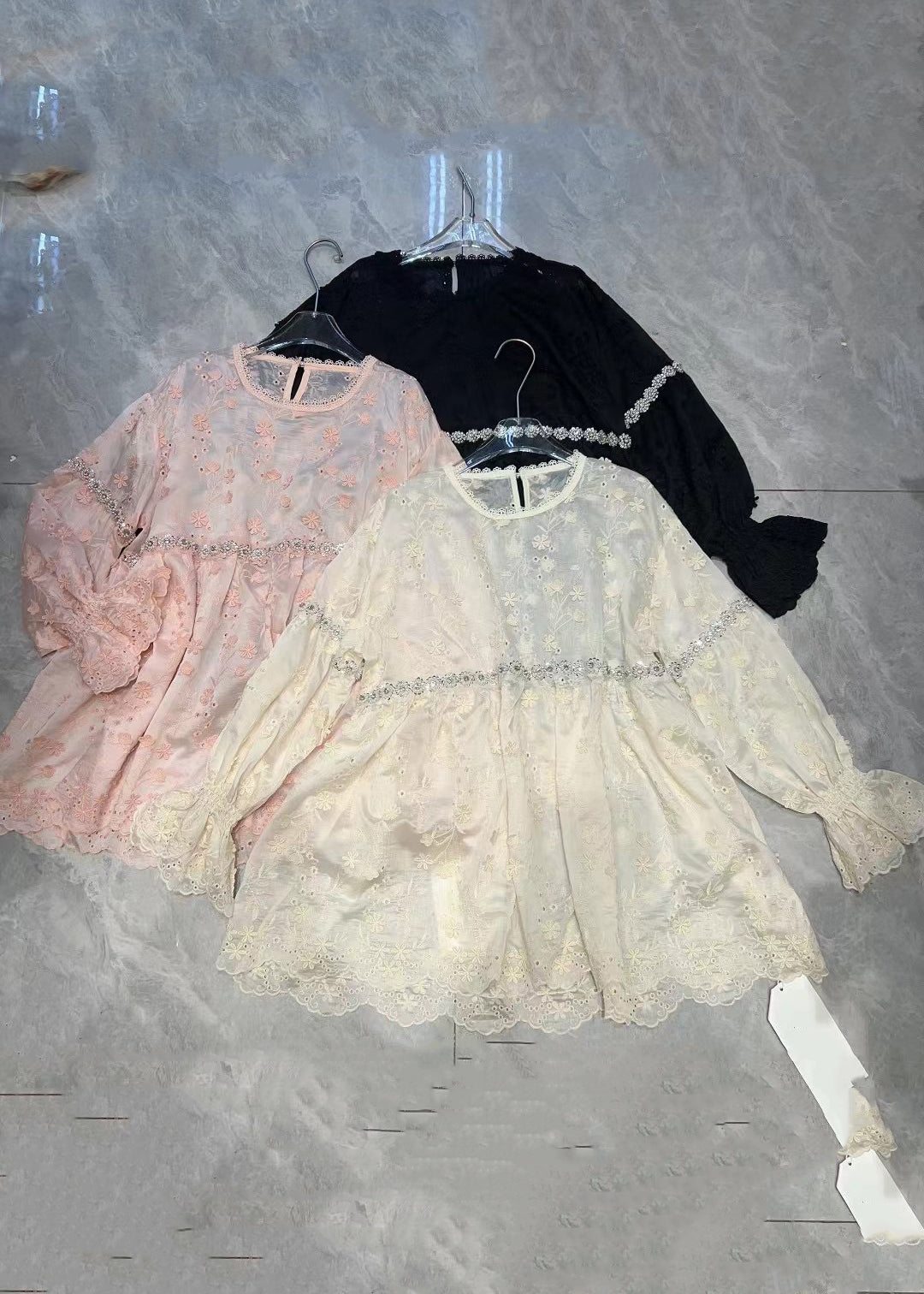 Pink Hollow Out Nail Bead Cotton Blouse Flare Sleeve