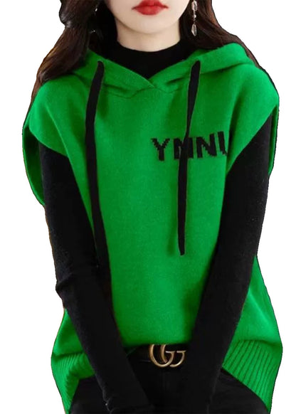 Green Patchwork Drawstring Cotton Knit Hooded Waistcoat Spring