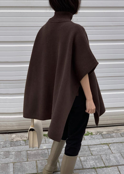 Grey Side Open Knit Cape Style Sweater Turtleneck Batwing Sleeve