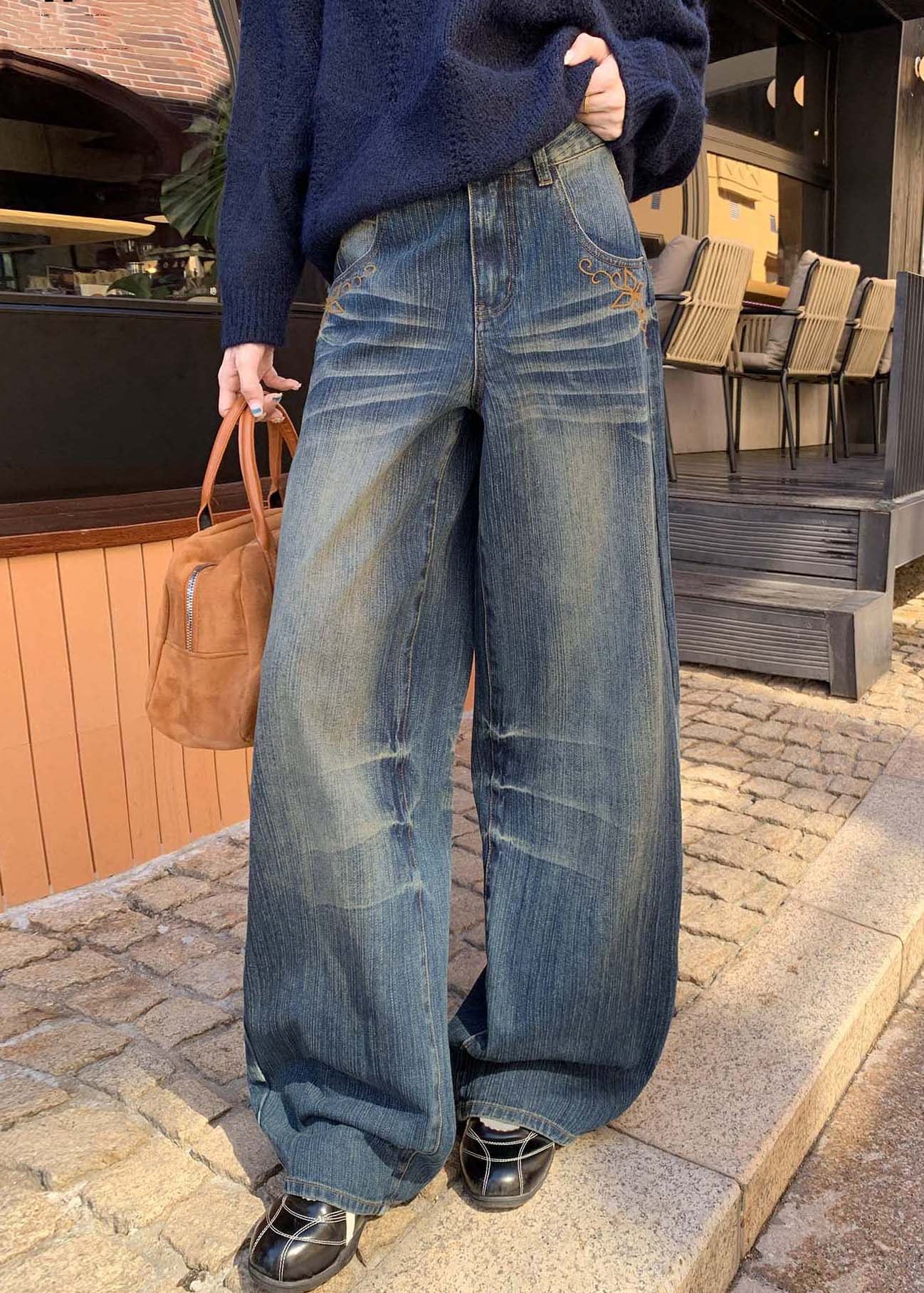 Blue Embroidered Pockets Denim Wide Leg Pants Spring