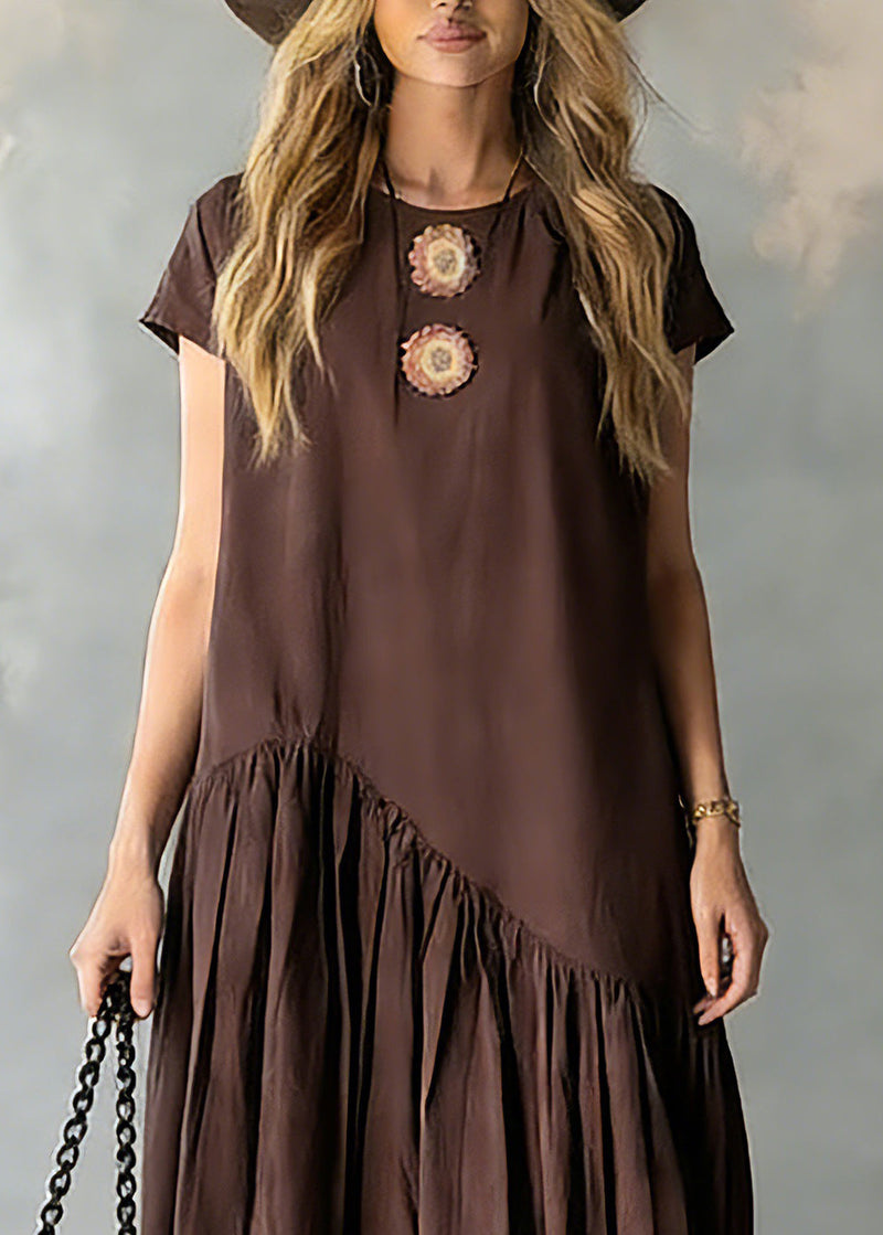 Coffee O-neck Wrinkled Patchwork Long Dresses Short Sleeve