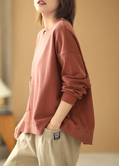 Comfy Brick Red Loose O-neck Pockets Fall Sweatshirt Street Wear