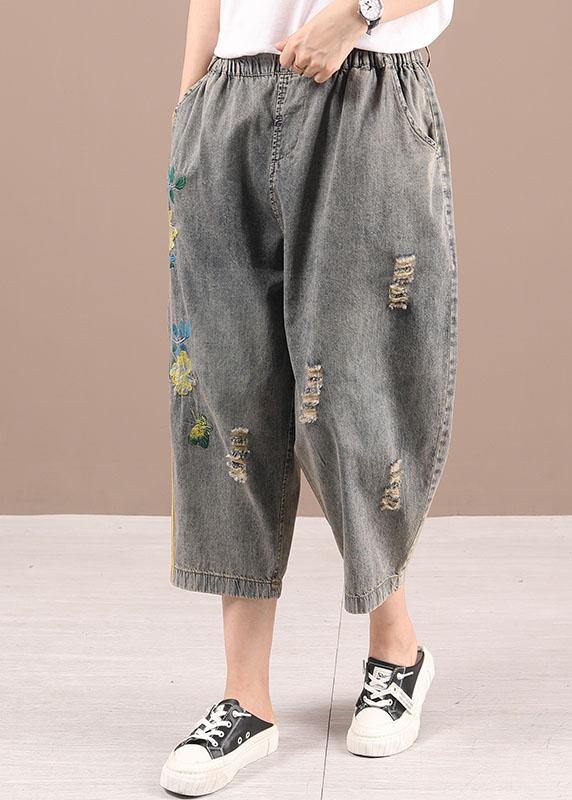 Black Grey Elastic Waist Embroideried Jeans Pants