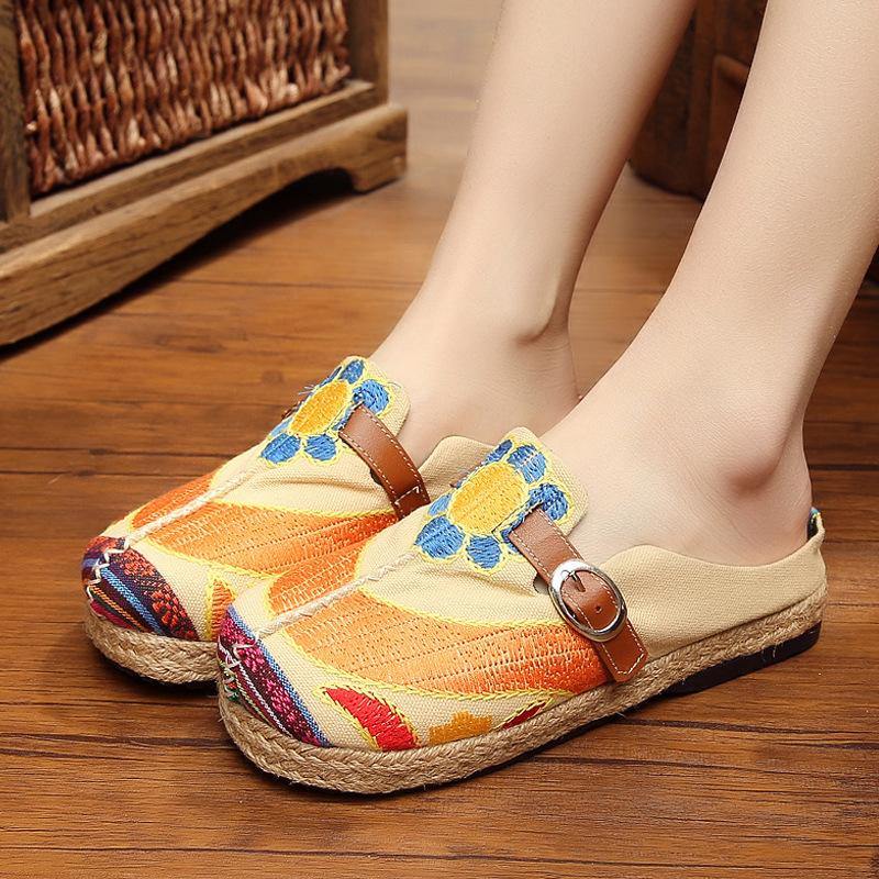 Red Cotton Linen Embroideried Fabric Buckle Strap Thong Sandals