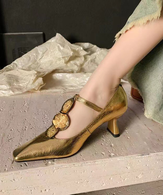 Gold Buckle Strap Decorated Splicing Heels Shoes
